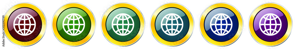 Aufkleber globe glossy icon set, silver metallic golden vector illustrations in 6 options for web design and m