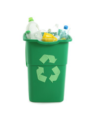Container with garbage on white background. Recycling concept