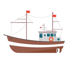 Commercial fishing boat side view isolated icon. Sea or ocean transportation, marine ship for industrial seafood production vector illustration in flat style.
