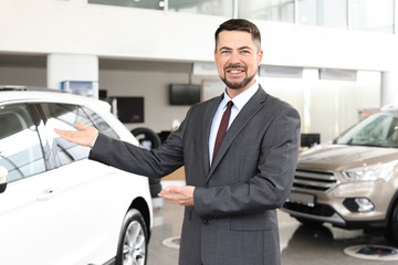 Salesman near car in modern salon