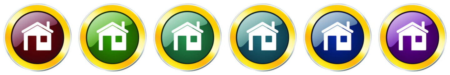 Home glossy icon set, silver metallic golden vector illustrations in 6 options for web design and mobile applications