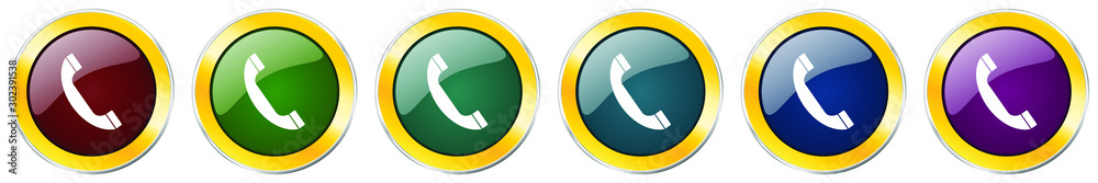 Aufkleber phone glossy icon set, silver metallic golden vector illustrations in 6 options for web design and m