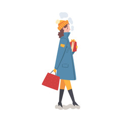 Young Woman in Winter Clothing Walking with Gift Box and Shopping Bag, Girl Doing Christmas Shopping to Prepare for Christmas and Giving Presents Vector Illustration
