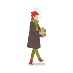 Teenage Boy in Winter Clothing Walking with Gift Box, Boy Preparing for Christmas and Giving Present Vector Illustration