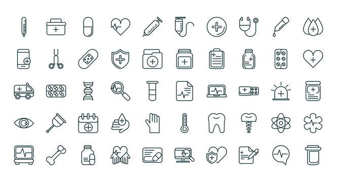 healthcare equipment medical icons set line fill