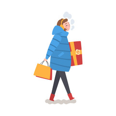 Smiling Girl in Winter Clothing Walking with Gift Box and Shopping Bag, Girl Doing Christmas Shopping to Prepare for Christmas and Giving Presents, Festive Mood Vector Illustration