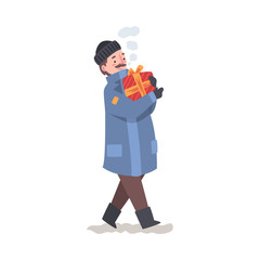 Man in Winter Clothing with Wrapped Christmas Present, Person Preparing for Christmas and Giving Present Vector Illustration