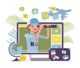 Travel video blogger boy. Young man writing about beautiful destinations, traveling, leisure, content creator photographer sharing tips, ideas and inspiration for social media. Vector illustration