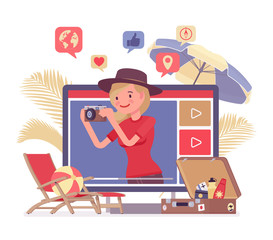 Travel video blogger girl. Young woman writing about beautiful destinations, traveling, leisure, content creator photographer sharing tips, ideas and inspiration for social media. Vector illustration