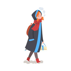 Cute Smiling Girl in Winter Clothing Walking with Gift Box, Child Preparing for Christmas and Giving Presents Vector Illustration
