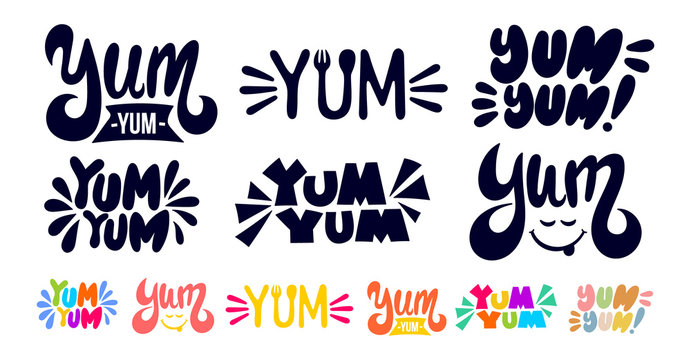 Big set of Yum Yum Black and white, colorful text. Only one single word. Printable graphic tee. Design doodle for print. Cartoon hand drawn calligraphy style. Vector isolated on white background.