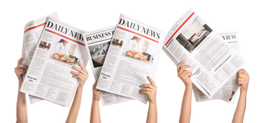 Female hands with newspapers on white background - obrazy, fototapety, plakaty