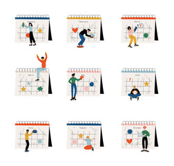 Small People Planning Important Events on Big Calendar Set, Time Management and Business Planning Comcept Vector Illustration