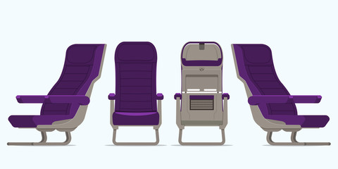 Airplane seat in various points of view. Armchair or stool in front view, rear view, side view. Furniture icon for Plane transport interior design  in flat style. Vector illustration.
