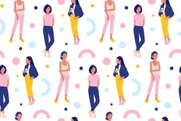 Vector seamless pattern with young women in modern style. Young People background.