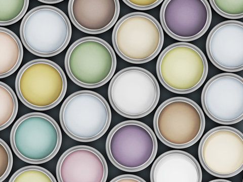 Paint cans full of soft, pastel colours. 3D illustration