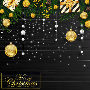 Christmas background with fir tree branches and decorations