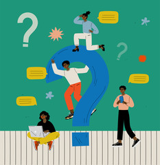 People and Big Question Mark, Business Team Communicating, Searching for Information or Seeking Solution to a Problem Vector Illustration