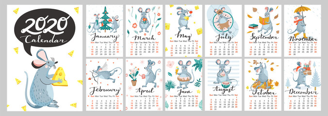 Monthly calendar template with illustrations of funny mouse. Rat is symbol of the 2020 year Chinese calendar. Weeks start on Sunday. Vector illustration.