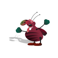 A cartoony big cockroach brandishes its fists and screams out loud with its tongue out and bulging eyes. Isolated illustration on a white background with a shadow.