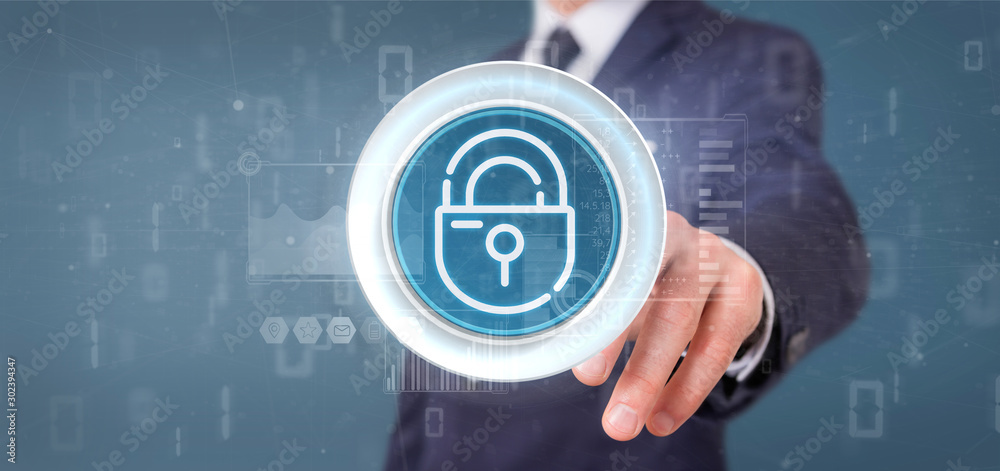 Poster businessman holding security padlock wheel icon with stats and binary code 3d rendering