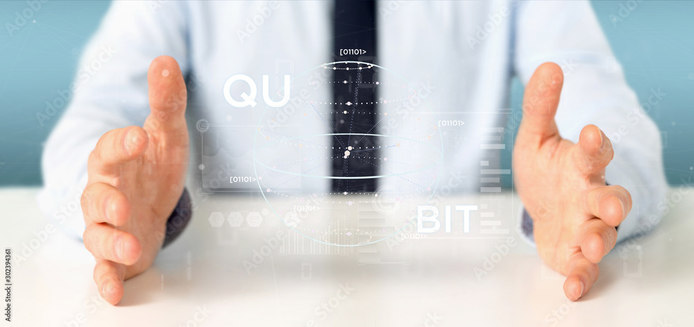 Poster businessman holding quantum computing concept with qubit icon 3d rendering