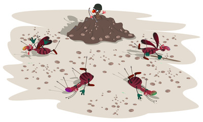 striped evil cockroaches attack small ants in an anthill. The scene of the battle. Cartoon illustration.