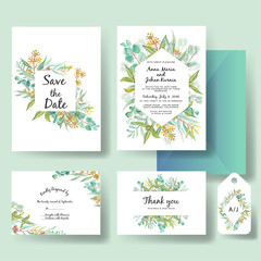 wedding invitation template of green eucalyptus leaves watercolor
