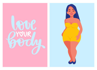 Body positive vector cards. Plus size Woman dressed in swimsuits.