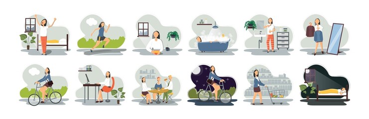Set of everyday leisure and work activities performing by young woman. Bundle of daily life scenes. Girl sleeping, eating, working, doing sports, grocery shopping. Flat cartoon vector illustration.