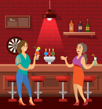 Nightlife of people vector, woman drinking cocktail talking to friends. Pub with dartboard and shelf with alcoholic beverages in glass. Bar visiting