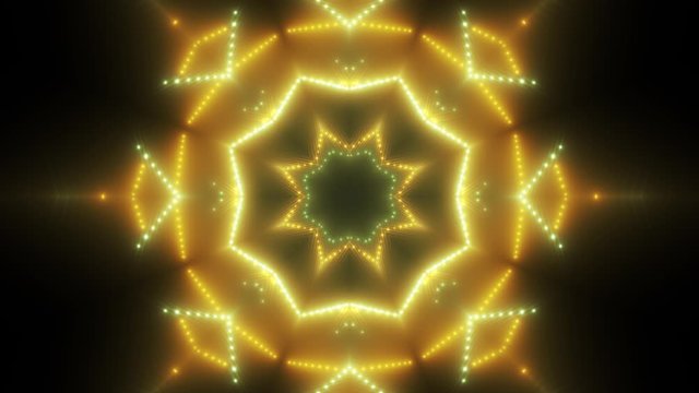 Abstract Shape with Light Lines Moving Fast. Fluorescent ultraviolet light. Colors Green Golden. Background Futuristic Tunnel with Led Screen Lights. Animation Disco Lights Tunnel. Seamless loop. 4K
