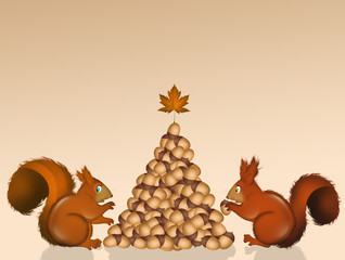 Christmas squirrels make tree with acorns © adrenalinapura
