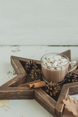 Hot drink in winter or autumn with cocoa, chocolate and marshmallows in a cup on a star-tray.