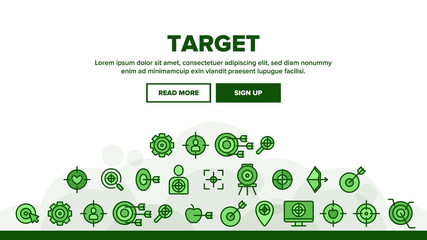 Target Aim Landing Web Page Header Banner Template Vector. Different Game Military Shape Target, Dartboard With Arrow And Archery Illustration