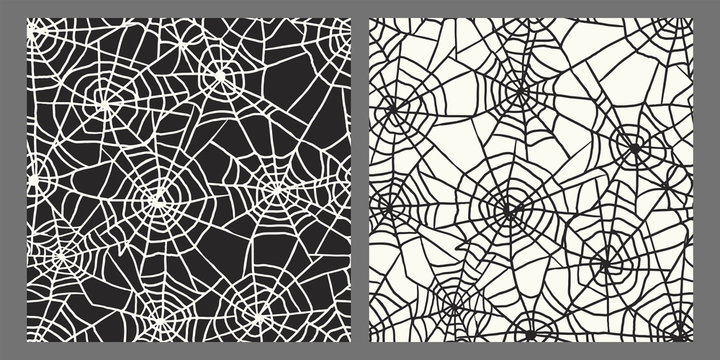 Drawn Chaotic Spider Web Black And White Seamless Pattern Set