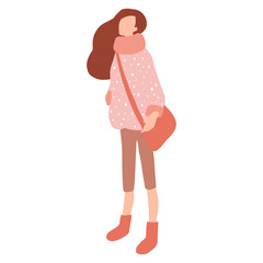 Vector girl in a flat style. Young woman with bag dressed in trendy clothes.