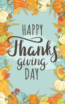 Banner Happy Thanksgiving Day . Vertical background with pumpkins, autumn leaves, etc.