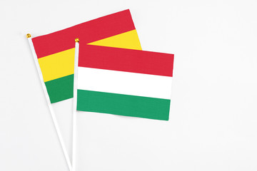 Hungary and Bolivia stick flags on white background. High quality fabric, miniature national flag. Peaceful global concept.White floor for copy space.