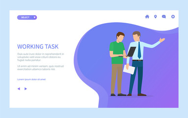 Working task online, man holding wireless device or laptop, worker character portrait view with pc, teamwork of people, males discussing vector. Website or webpage template, landing page flat style
