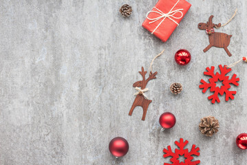 Christmas red decoration on dark background, flat lay,top view