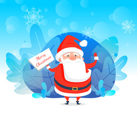 Merry christmas celebration vector. Greeting with winter holidays from Santa Claus flat style character with white beard and red costume. Landscape with snowflakes ornaments and foliage leaves