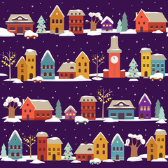 Christmas city pattern in simple flat illustration style - streets of small town with houses and decorated trees under snow, seamless pattern