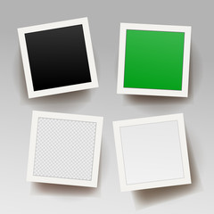 Set of square photo frame template with shadows. Photo with black, green, transparent and white background. Vector illustration. Isolated on white background.