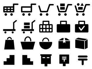 オンラインショッピングに関するアイコンのセット。ショッピングカート、台車、運送、バッグ、郵便ポストなどのアイコンが含まれる。黒色で描かれたシンプルなイラストで、ショッピングや通信販売をイメージしたシルエット。