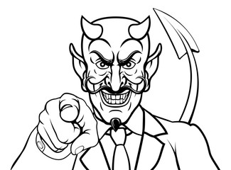 An evil devil or Satan businessman in business suit pointing at the viewer