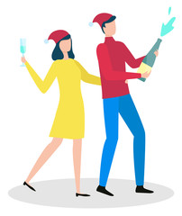 People celebrating winter holidays together vector. Isolated characters wearing santa claus hats partying and having fun. Man uncorking champagne bottle and woman holding glass with alcohol drink