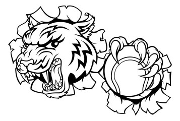 A tiger tennis player cartoon animal sports mascot holding a ball in its claw