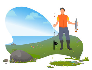 Man standing with rod and fish called luce or pike. Person fishing on lake or river. Male on vacation do his favorite hobby. Human in boots stand on green grass. Vector illustration in flat style