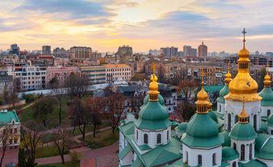 Aerial view of Kyiv city, St. Sophia Cathedral at sunset, Ukraine. Panoramic cityscape